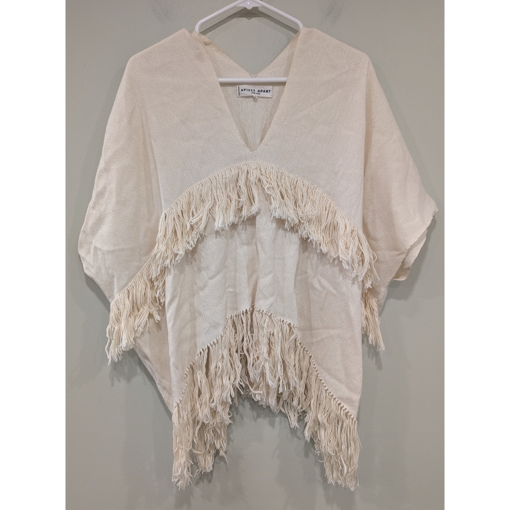 Apiece Apart V-Neck Tassel Fringe Handwoven High Low Poncho Boho One Size